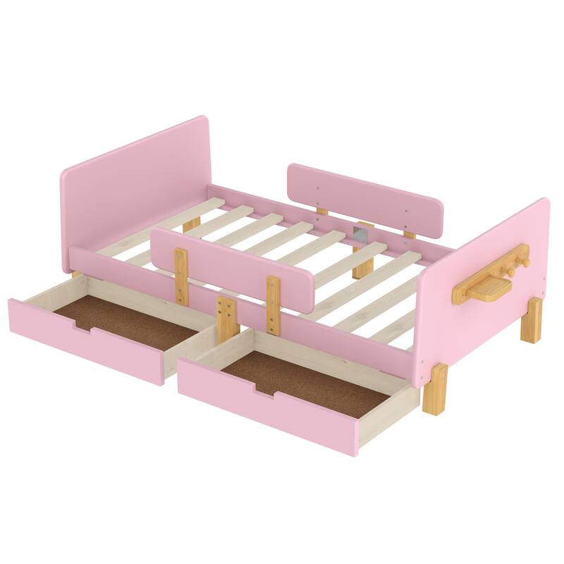 Roomfitters Platform Bed with Storage Drawers and Shelf, Solid Wood Frame with Hooks and Guardrails