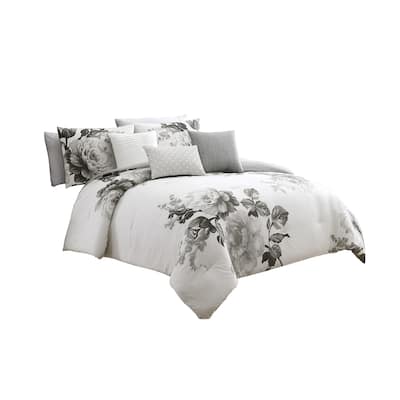 7 Piece Cotton King Comforter Set with Floral Print, Gray and White
