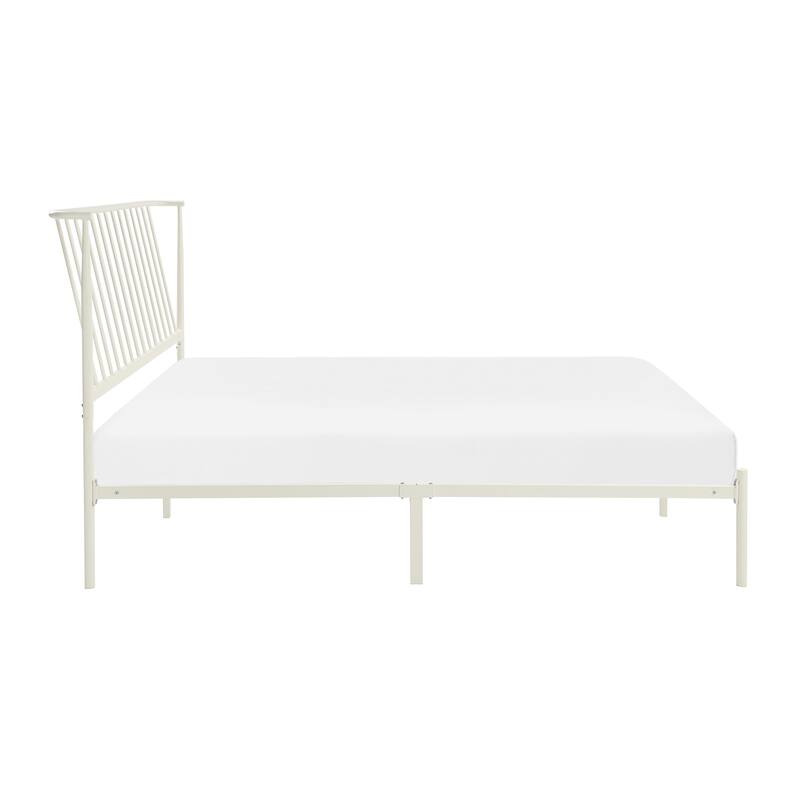 Queen Size Metal Platform Bed with Angled Headboard and Farmhouse Style
