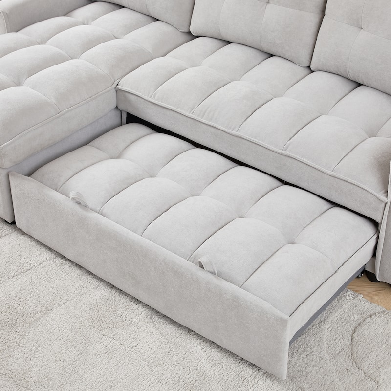 Modern Chenille L-Shaped Convertible Sofa Bed with Storage, USB and Type-C Charging Ports for Living Room