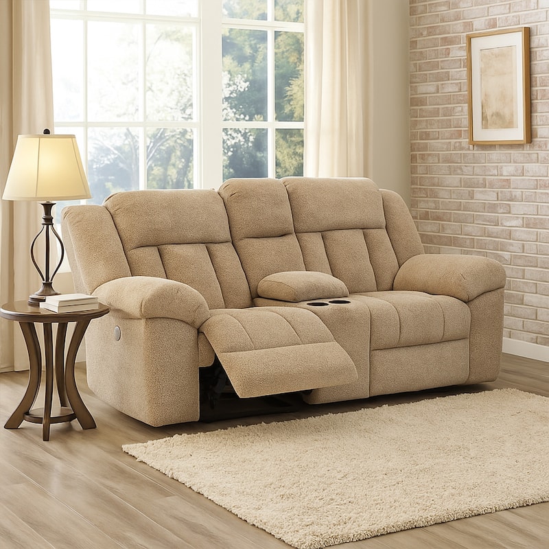 Kendy Power Reclining Loveseat, Console, Beige Brown Polyester 80 Inch