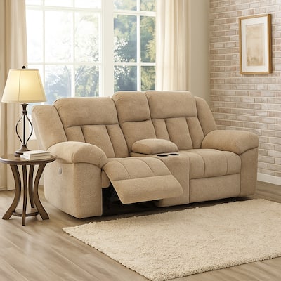 Kendy Power Reclining Loveseat, Console, Beige Brown Polyester 80 Inch