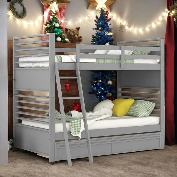 slide 2 of 20, Elegant Twin over Twin Wood Bunk Bed with Built-in Ladder and 2 Drawers, Maximized Space, Solid Construction, Grey Grey