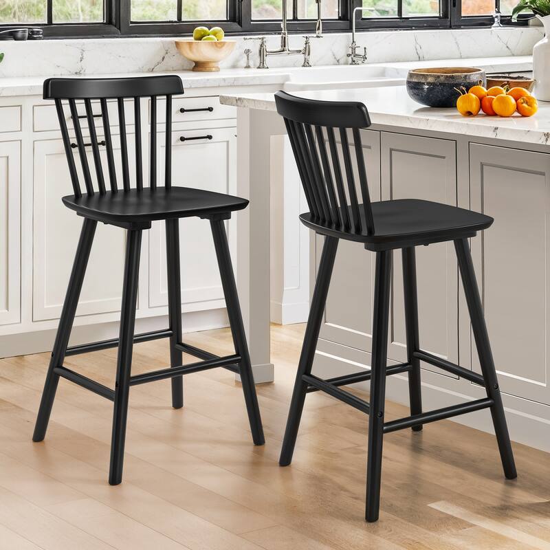 26 in. Modern Wooden Bar Stools with Slat Back Windsor-Style Solid Wood Counter Stools - 17.7 in. W x 17.7 in. D x 38.5 in. H
