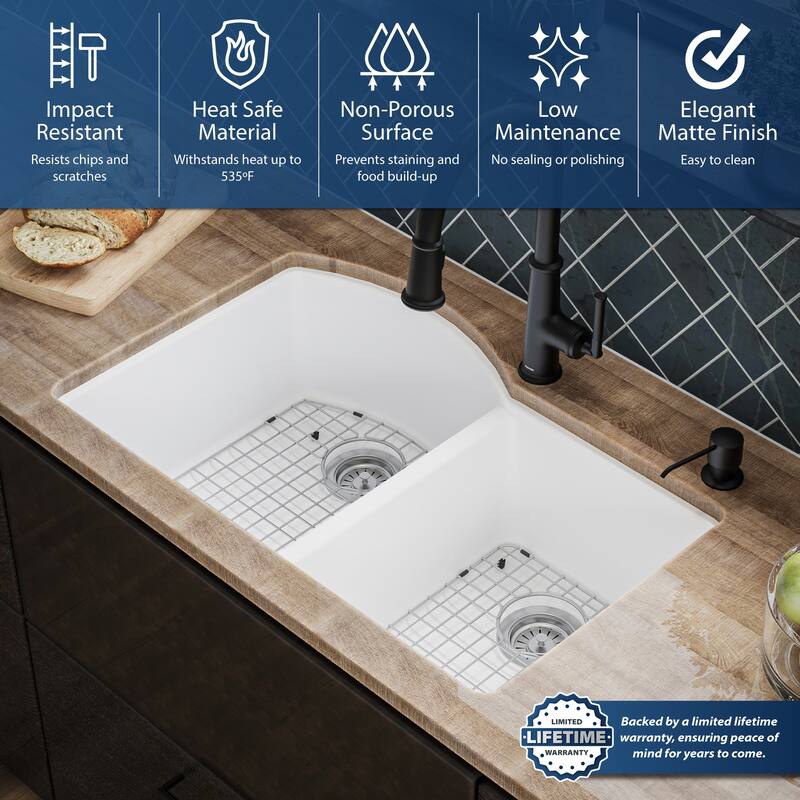 Karran Undermount Quartz 32 in. 60/40 Double Bowl Kitchen Sink Kit