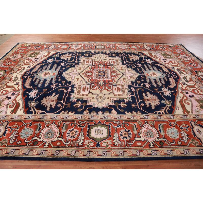 Hand Knotted Oriental 100% Wool Carpet Traditional Medallion Navy Blue & Blues Heriz (serapi) Area Rug - 13' 10'' X 9' 11''