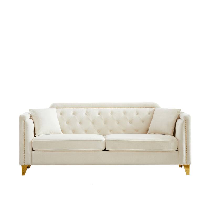 Chenille Sofa with Golden Metal Legs, 3-Seater Couch with Solid Wood Frame and 750 lbs Capacity