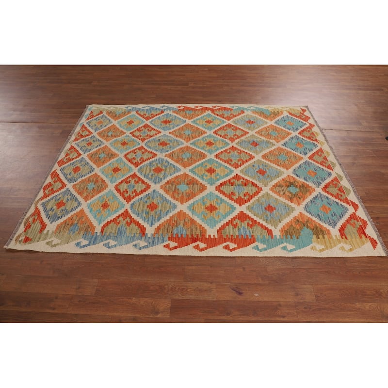 Trellis Geometric Kilim Area Rug Flatweave Wool Carpet - 5'1"x 6'5"