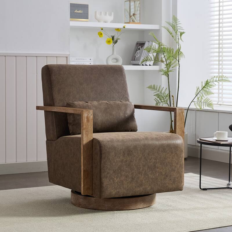 PU Leather Swivel Chair with Wood Armrests - Coffee