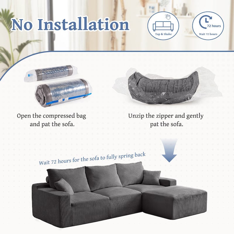 110" Full-Compression Corduroy Ultra-Soft Deep Seat 3-Seater Sectional Sofa for Living Room