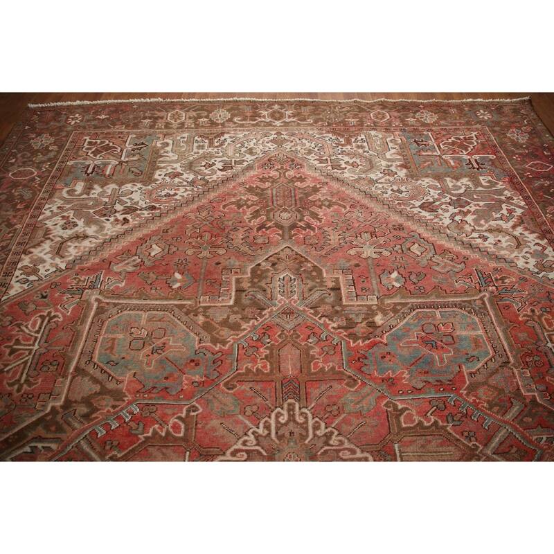 Hand Knotted Oriental 100% Wool Carpet Traditional Medallion Pink Heriz Area Rug - 12' 7'' X 9' 9''
