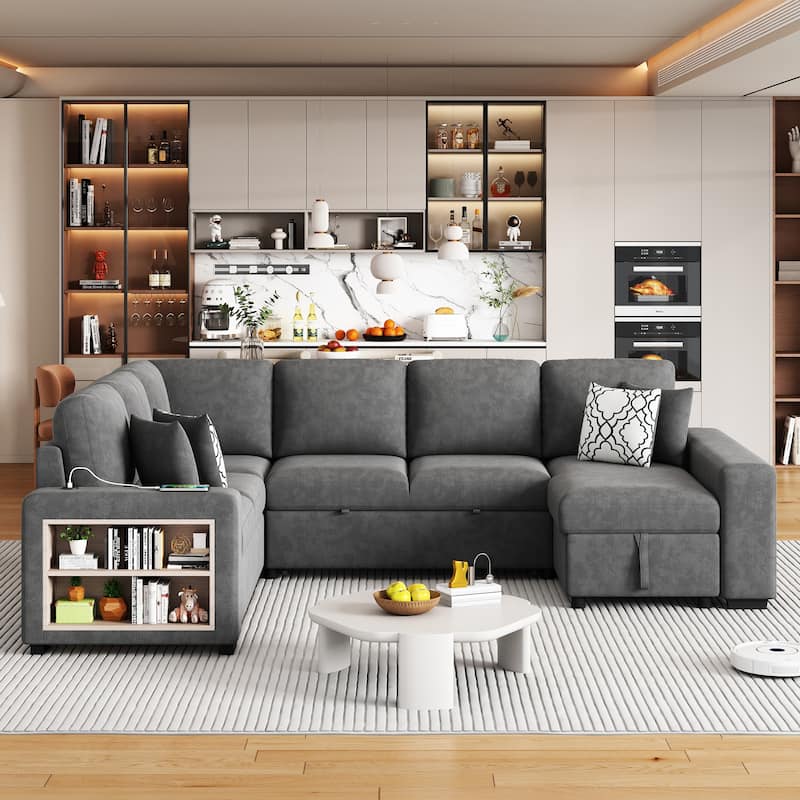 109" U-Shaped 6-Seat Sofa with Pull-Out Bed and Storage Chaise