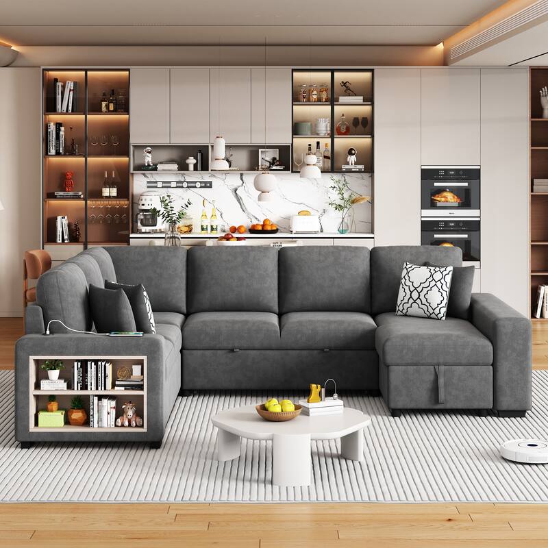 Modern U Shaped Sectional Sofa with Pull Out Bed and Storage Shelves and USB Ports for Living Room or Reception Room - Grey
