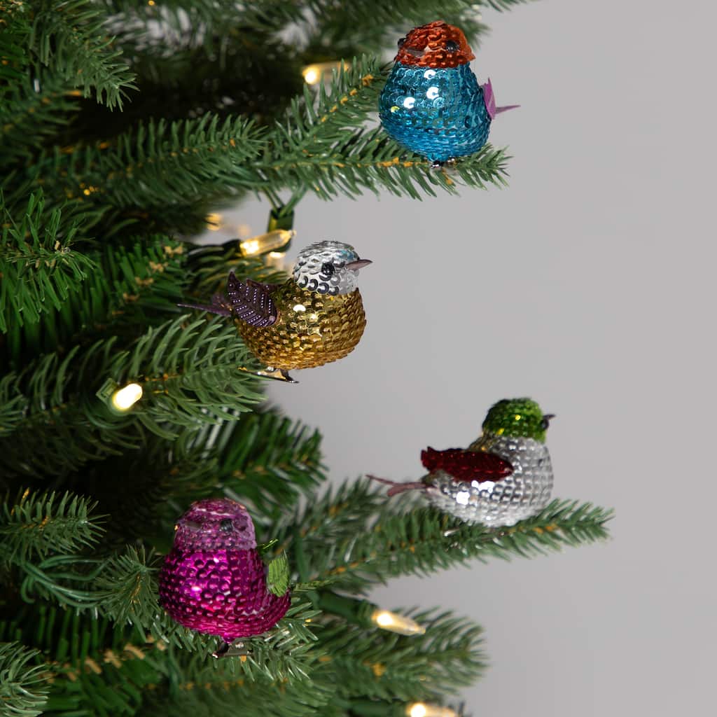 Sequined Birds Clip-On Christmas Ornaments - 2.75" - Multicolor - Set of 8