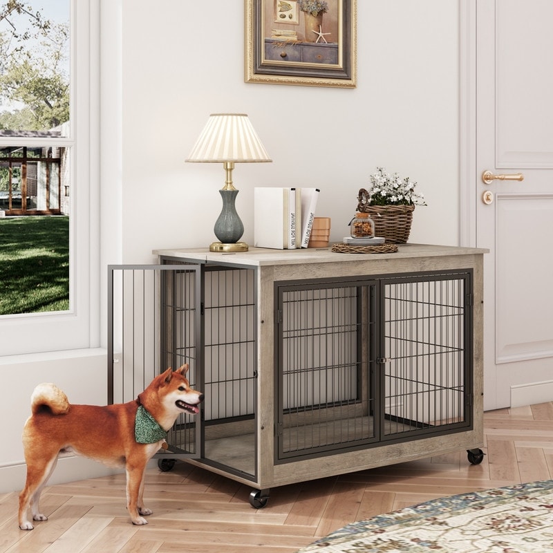 Dog crate with outlet door on top