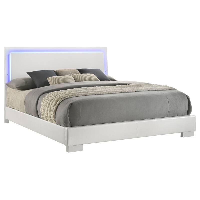 Modern White High Gloss King Panel Bed with LED Lighting