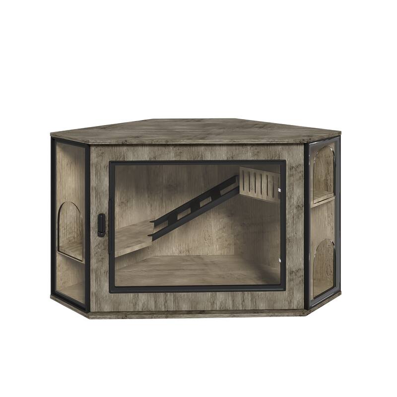 48" Corner Cat Litter Box Enclosure, Modern Hidden Litter Box Corner Cabinet with Acrylic Door and LED Light