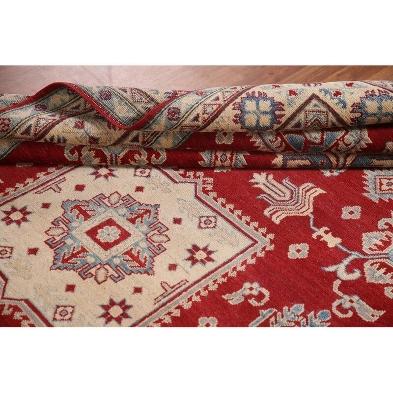 Red Geometric Kazak Living Room Area Rug Hand-Knotted Wool Carpet - 6'7" x 10'1"