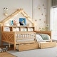 preview thumbnail 15 of 26, Wood House Platform Beds with LED, Storage Shelves, Drawers and Guardrail, Full Size Bed Frame w/Slats Support for Kids Natural
