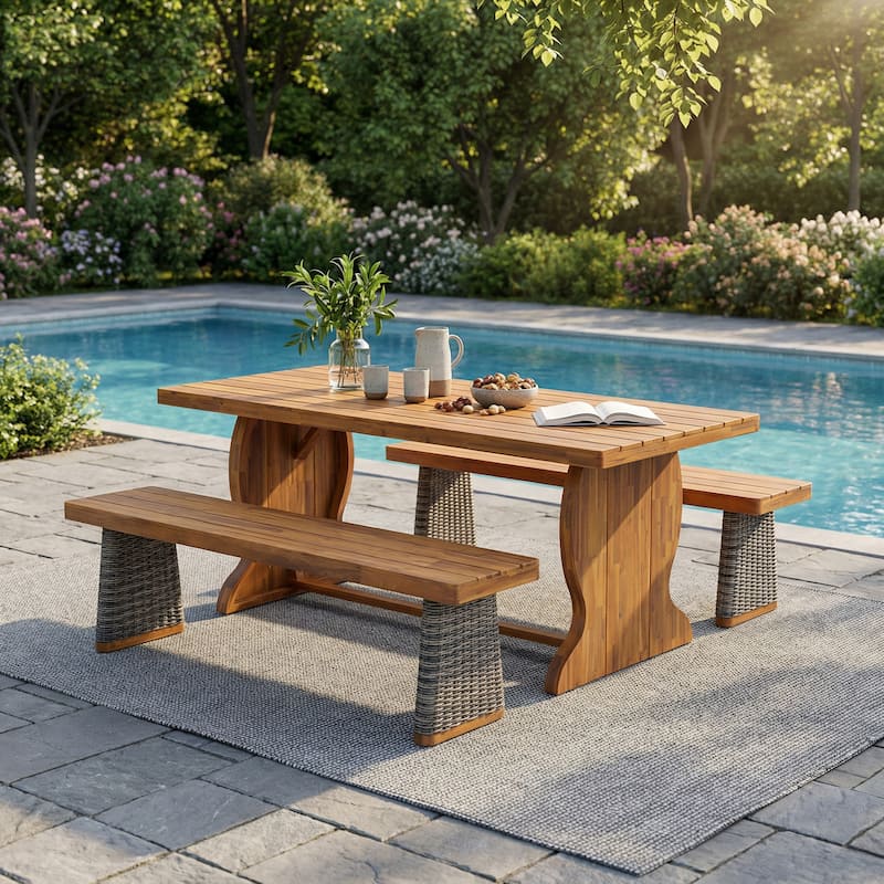 Christopher Knight Home - 3-Piece Outdoor Acacia Wood Dining Set with 2 Woven Ratan Leg Benches & 70" Solid Wood Dining Table - Grey Wicker+Teak Finish