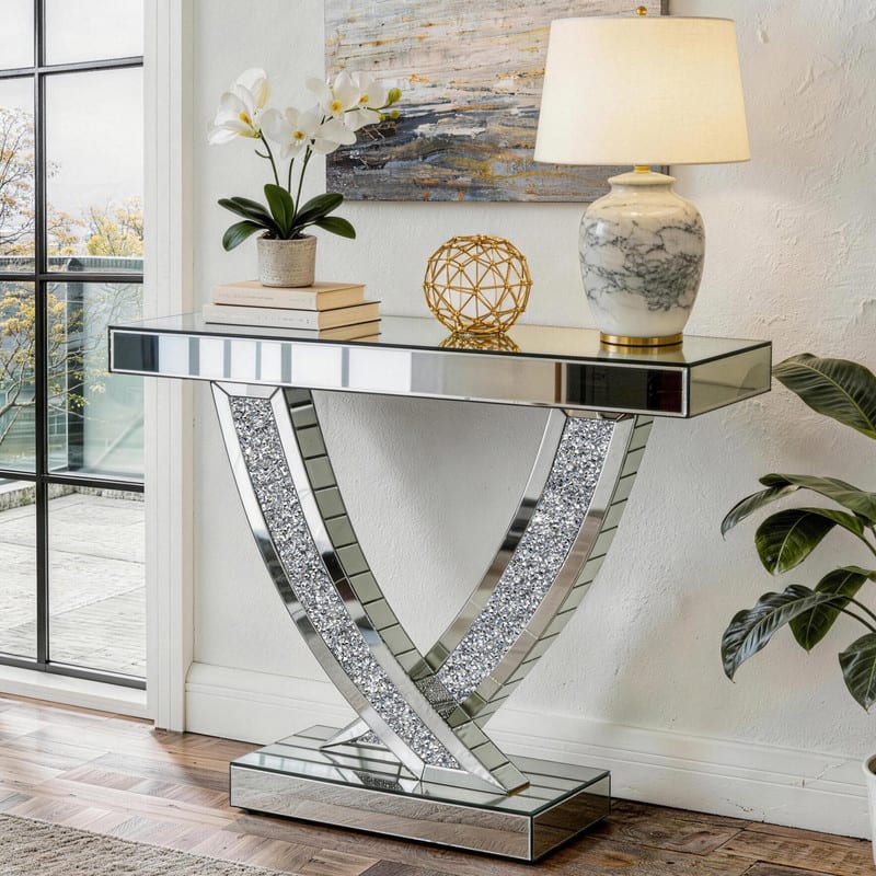 39.4" Mirrored X-Base Console Table with Crushed Diamond
