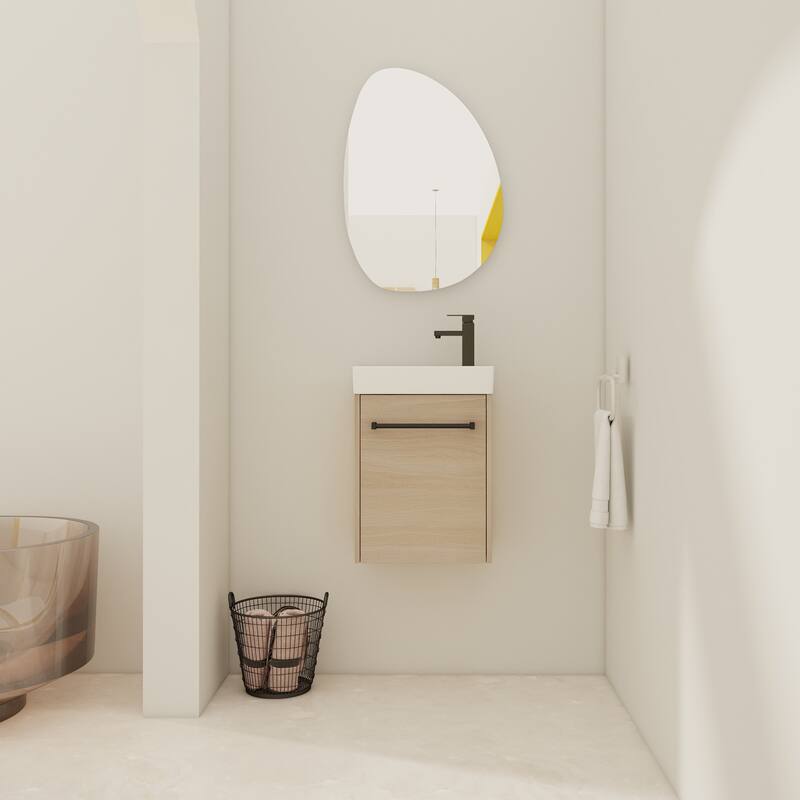 16" Wall-Mounted Bathroom Vanity with Carrara White Ceramic Sink, Soft-Close Doors, and Ample Storage