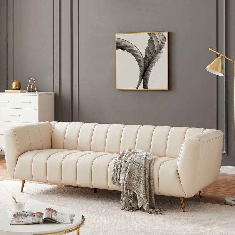 Clovis Mid-Century Modern Furniture Style Upholstered Leather Couch in Cream