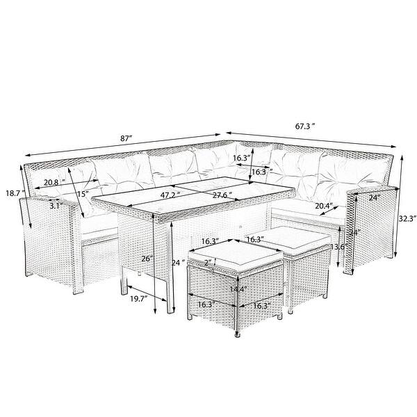 6Piece Patio Furniture Set Outdoor Sectional Sofa with Glass Table