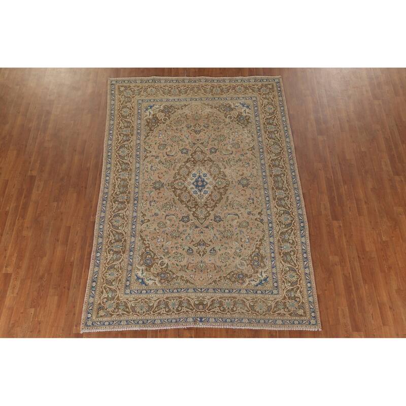 Traditional Mashad Persian Vintage Rug Handmade Orange Wool Carpet - 6'4"x 9'2"