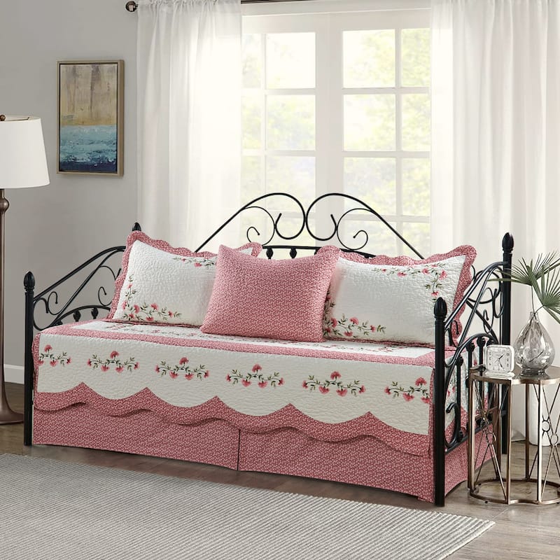 5 Piece Embroidered Daybed Cover Set with Bedskirt