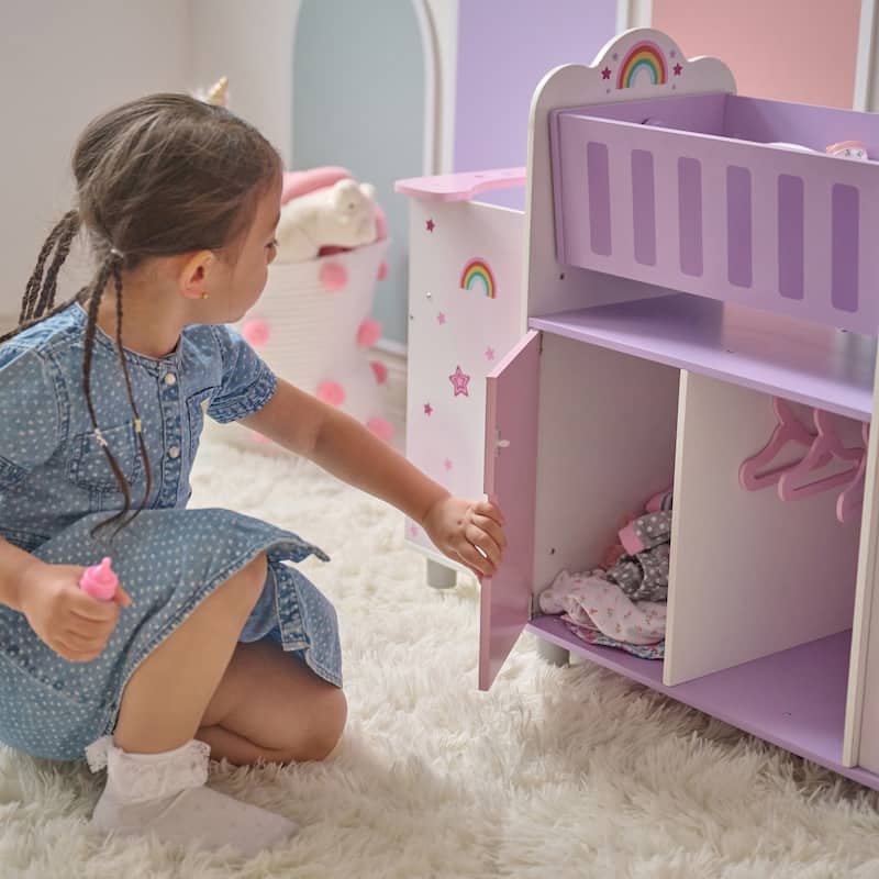 Teamson Kids Fantasy Care Wooden 6-in-1 Doll Nursery Pretend Play Set - Dollhouse with Furniture and Accessories, Toddler Gift