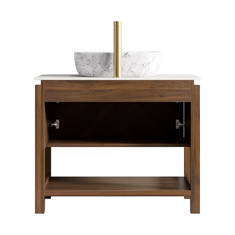 Freestanding Bathroom Vanity in Dark Walnut with Vessel Ceramic Basin