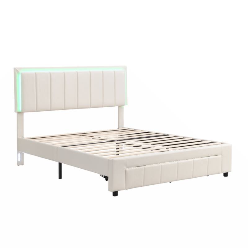 Upholstered Platform Bed with LED Lights and Two Motion Activated Night Lights,Queen Size Storage Bed with Drawer