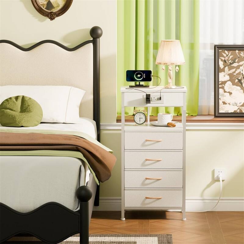 Night Stand with Charging Station Small Bedside Table with Wood Shelf - White - 4-drawer
