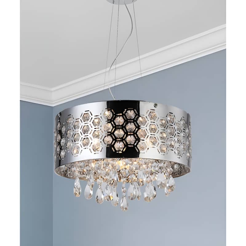 Hexagon Patterned 6-Light Drum Silver Luxury Pendant Light - N/A