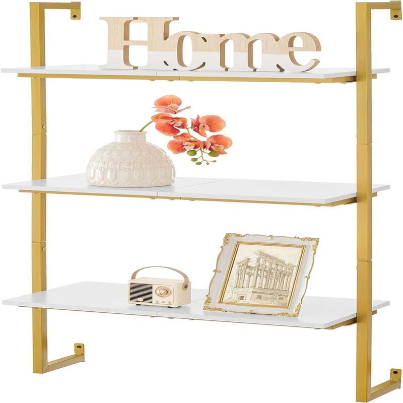 3 Tier Bookshelf Wall Mounted Ladder Shelf - 11.61"D x 24.8"W x 43.3"H - Gold & White
