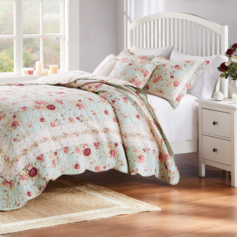Greenland Home Fashions Antique Rose All-Cotton Reversible Quilt Set - Blue (5-Piece Set) - Full - Queen
