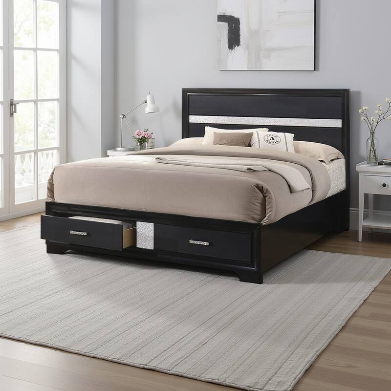 Wooden California King Size Bed with 2 Storage Drawers, Black and Silver