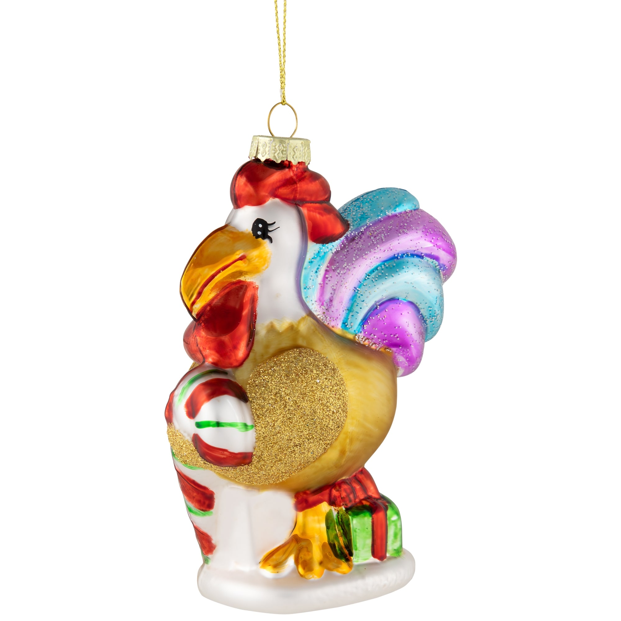 5" Gold and Red Rooster Glass Christmas Ornament