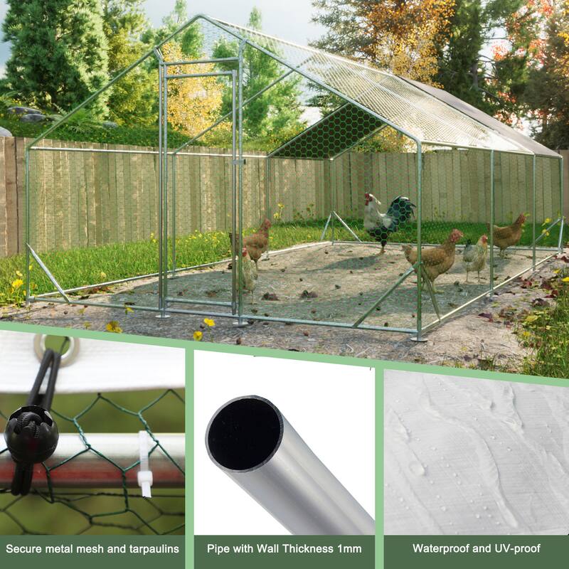 GDFStudio - Harrison Large Walk-In Metal Chicken Coop with Secure Galvanized Wire Run - 10' L x 20' W x 6.56' H