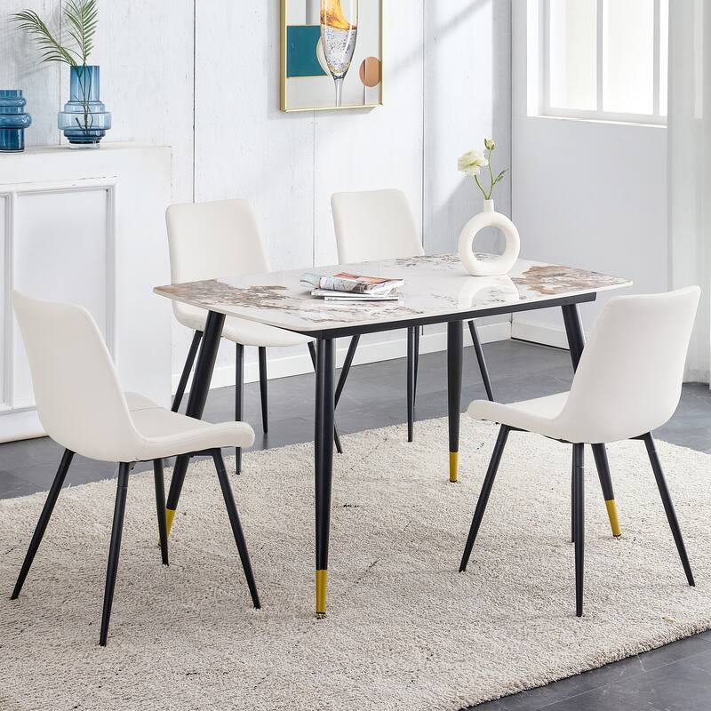 48.4" 5-Piece Sintered Stone Dining Table Set with 4 PU Chairs, Curved Widened Cushions, Pandora Patterned Rock Slab Desktop
