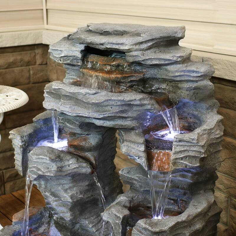 Dual Cascading Rock Falls Water Fountain with LED Lights - 39-Inch