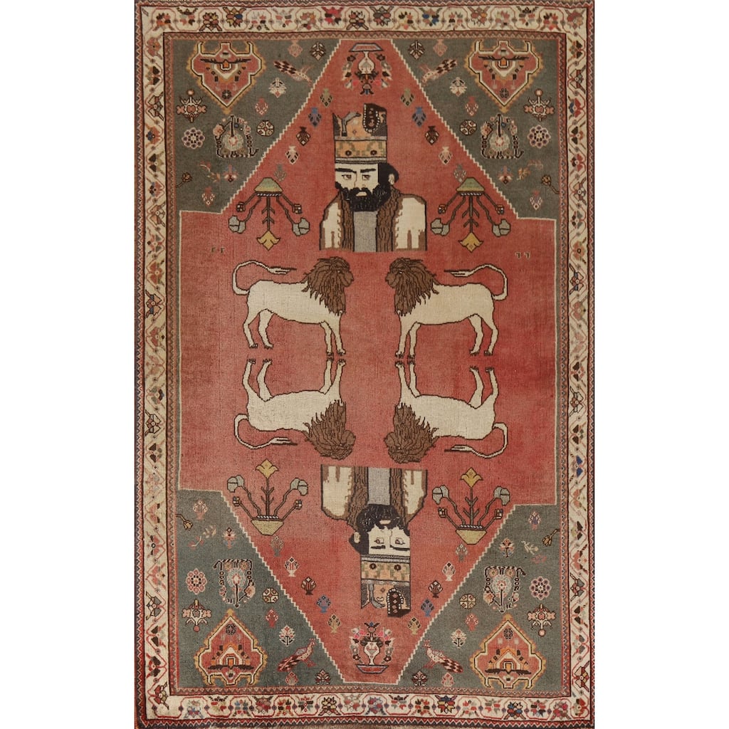 Animal Pictorial Shiraz Persian Vintage Rug Hand-knotted Wool Carpet - 4'3"x 6'9"