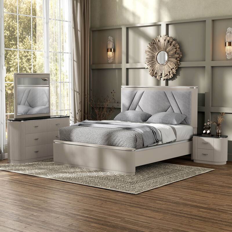 Furniture of America Leander Modern 4-Piece Light Grey Panel Bedroom Set - Queen