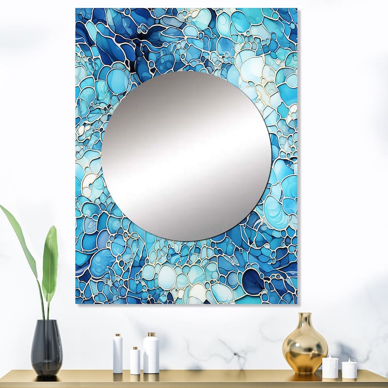 Designart "Ocean Blue Mosaic Turquoise" Botanical Mirror Blue - Tropical Large Living Room Wall Mirror Art - 30 in. wide x 40 in. high