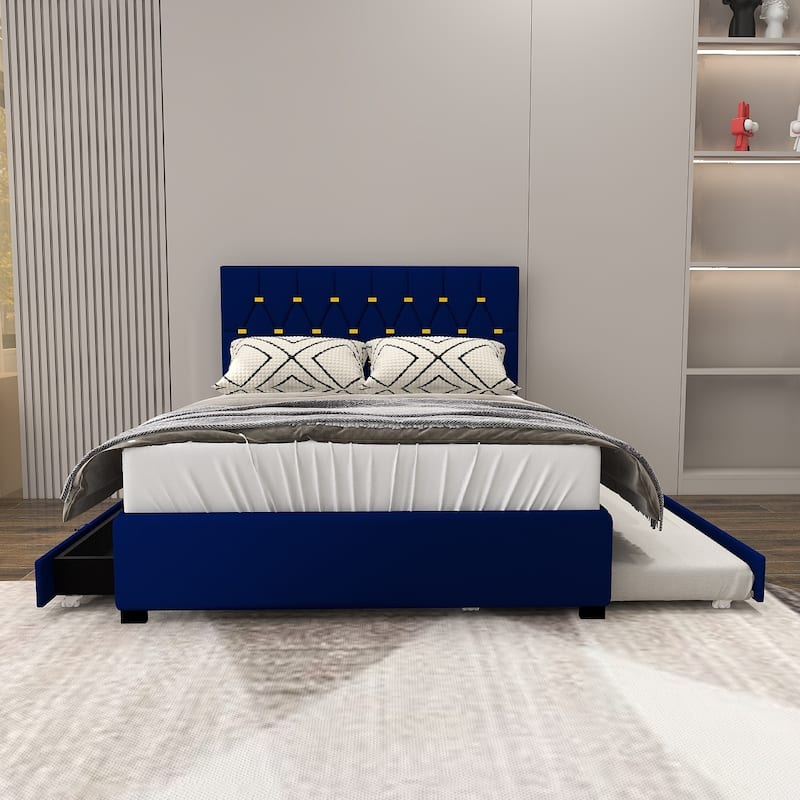 Modern Velvet Queen Bed with Twin Trundle and 2 Storage Drawers in Blue