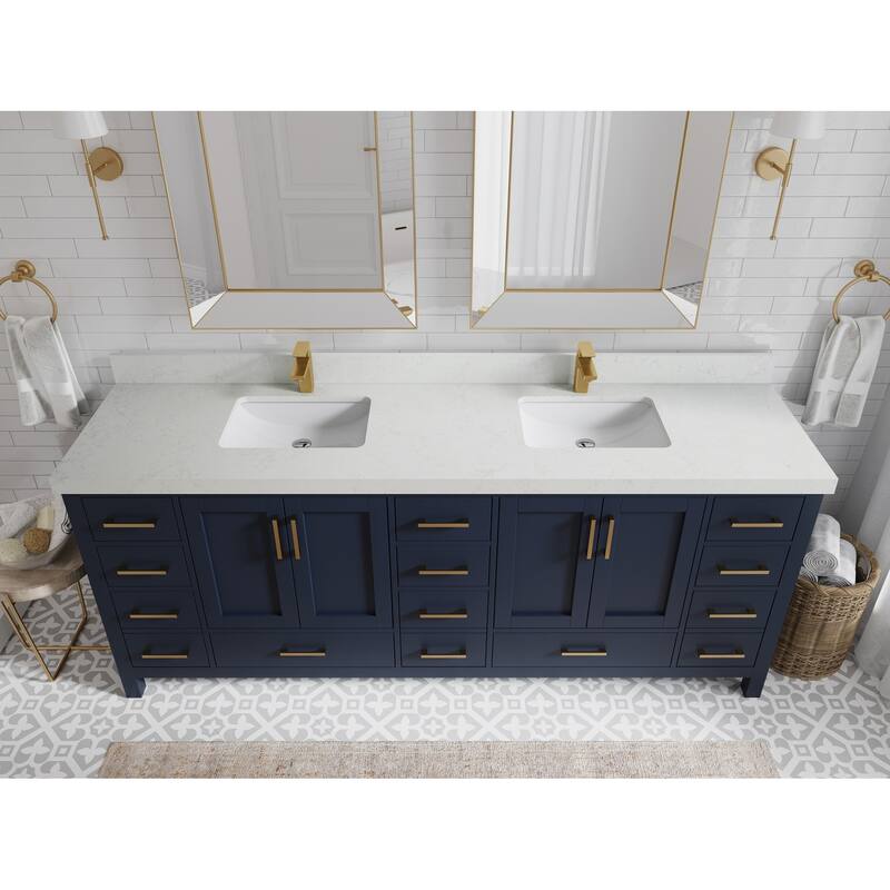 Willow Collection 84 in. W x 22 in. D Malibu Double Sink Bathroom Vanity with Countertop - 2" Carrara Quartz - Navy Blue