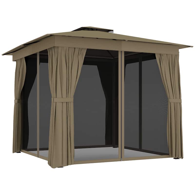 Outsunny 10' x 10' Outdoor Patio Gazebo, Soft Top Gazebo Canopy Shelter with Double Roof, Curtains, Netting, Steel Frame