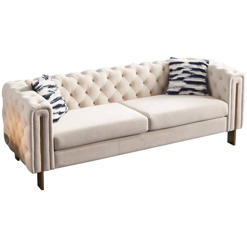 Velvet Tufted Sofa with Gold Metal Legs & Toss Pillows - 84" Width