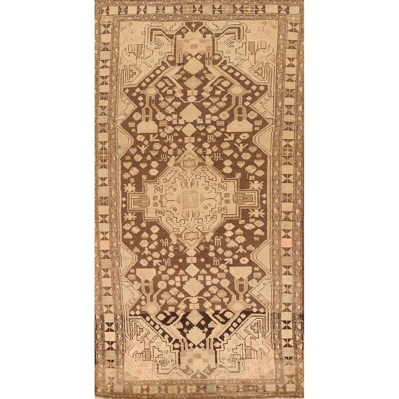 Hand Knotted Oriental 100% Wool Carpet Traditional Tribal Brown Hamedan Runner Rug - 9' 8'' X 4' 0''
